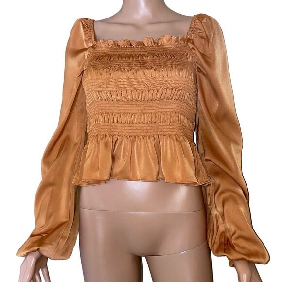 Mixed thread Smocked Peasant long Sleeve Ruffle Blouse Long Textured Satin SZ M - Picture 2 of 9